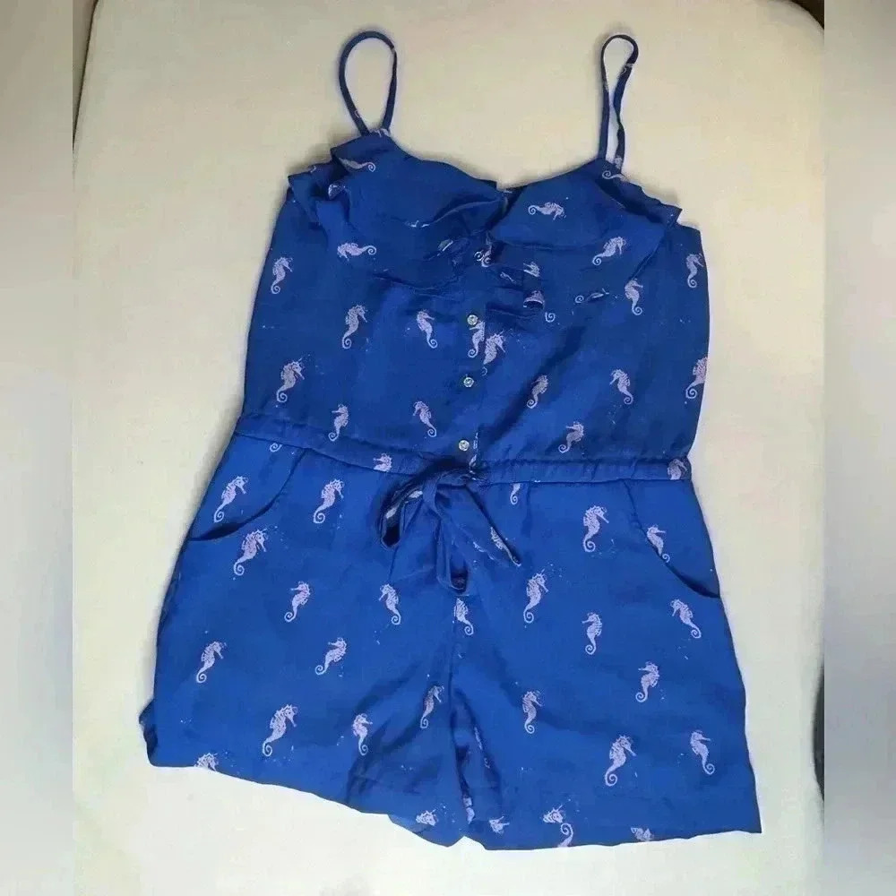 3/$25 L'AMOUR Nanette Lepore Blue Sea Horse Print Ruffle Romper Belted Small